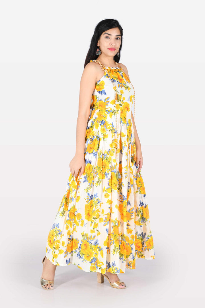 Neerus Yellow cotton printed A-Line kurta - side view