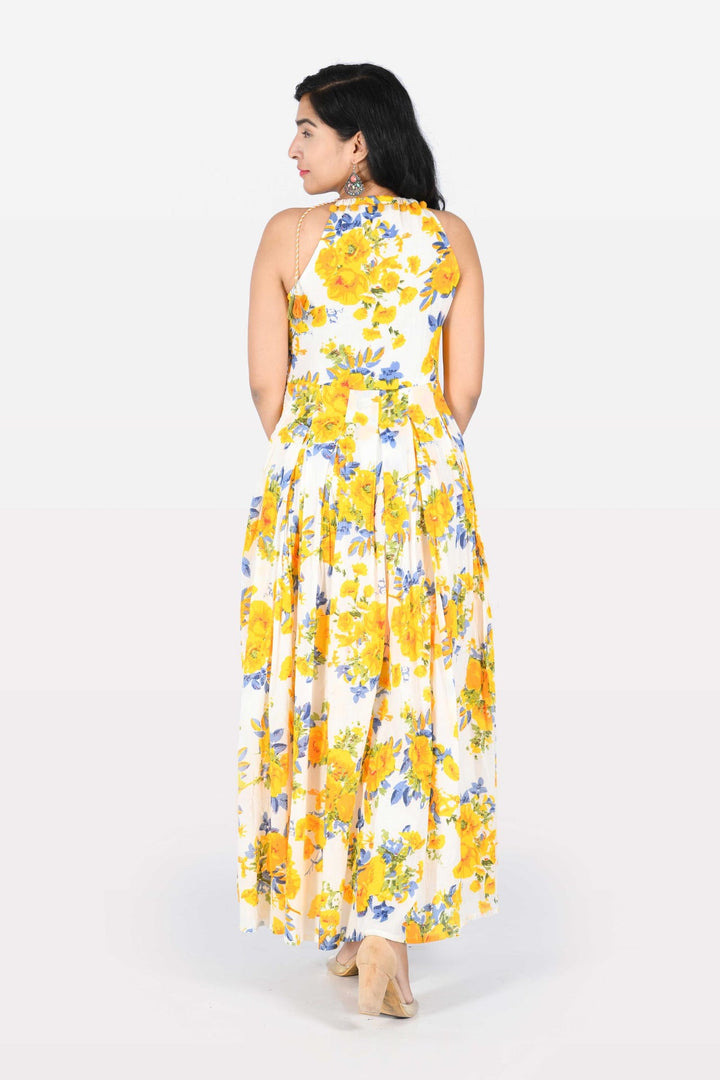 Neerus Yellow cotton printed A-Line kurta - detail view 1