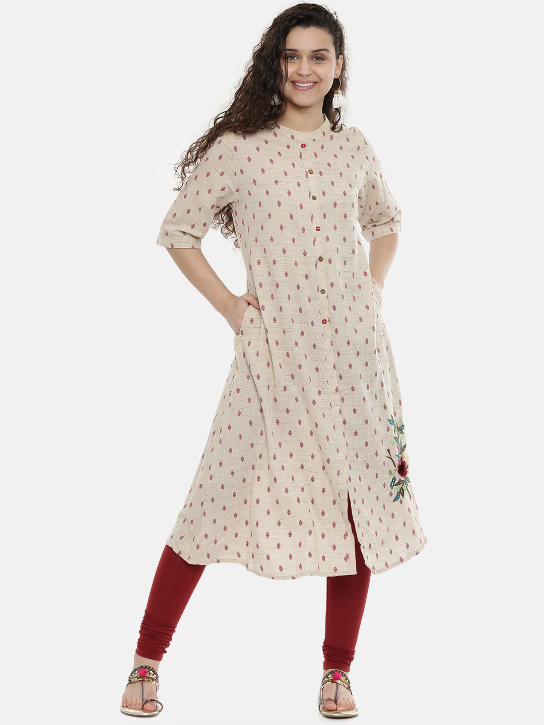 Neerus Beige rayon woven A-line kurta - front view
