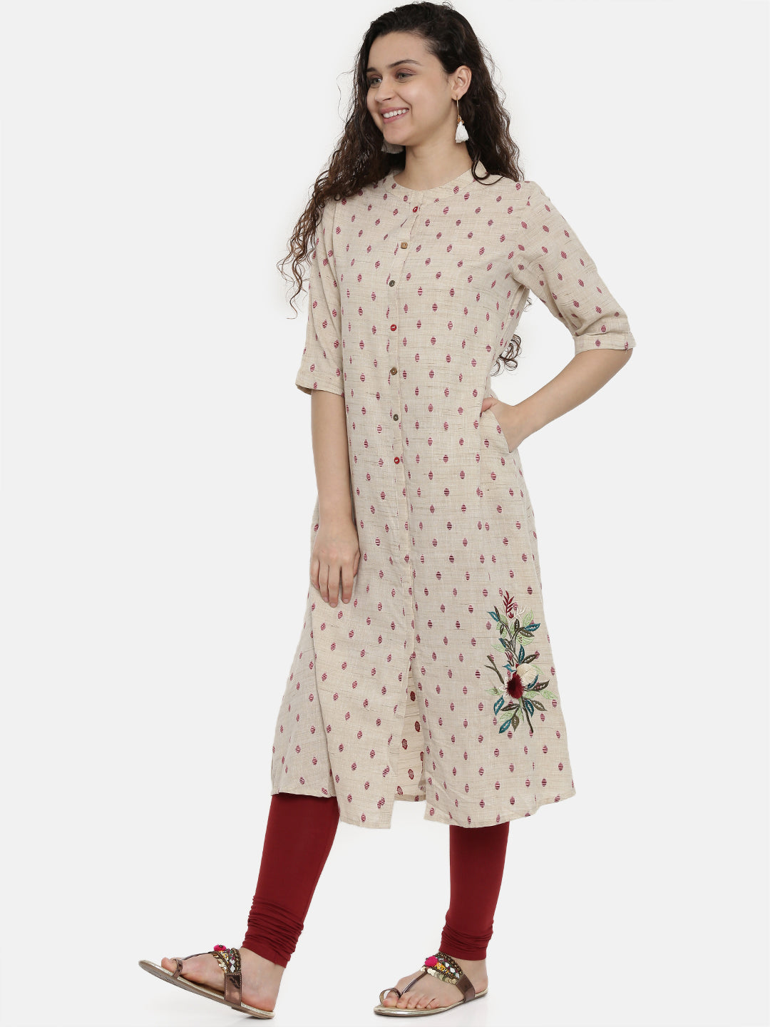 Neerus Beige rayon woven A-line kurta - detail view 1