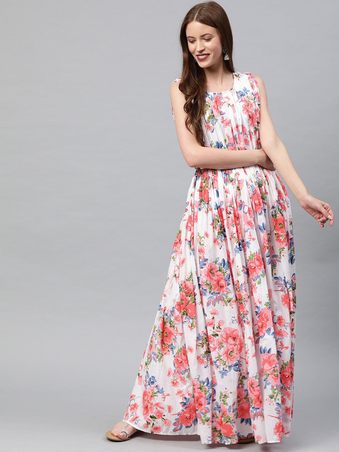 Neerus White cotton printed maxi dress - front view