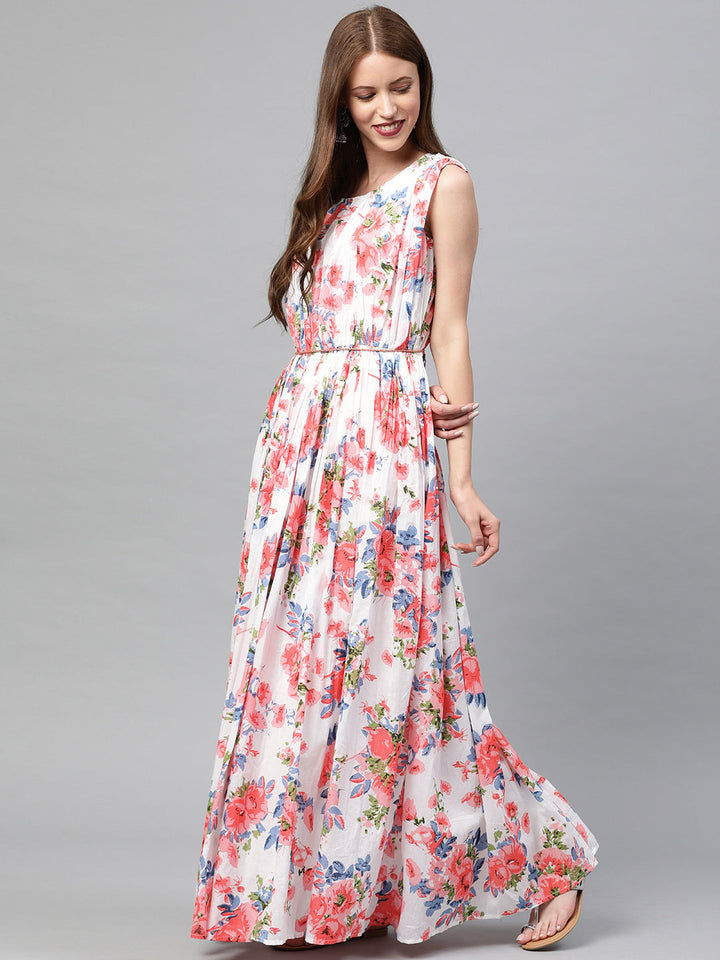 Neerus White cotton printed maxi dress - back view
