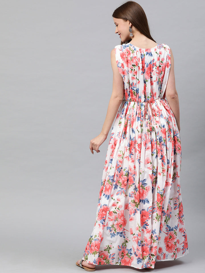 Neerus White cotton printed maxi dress - side view
