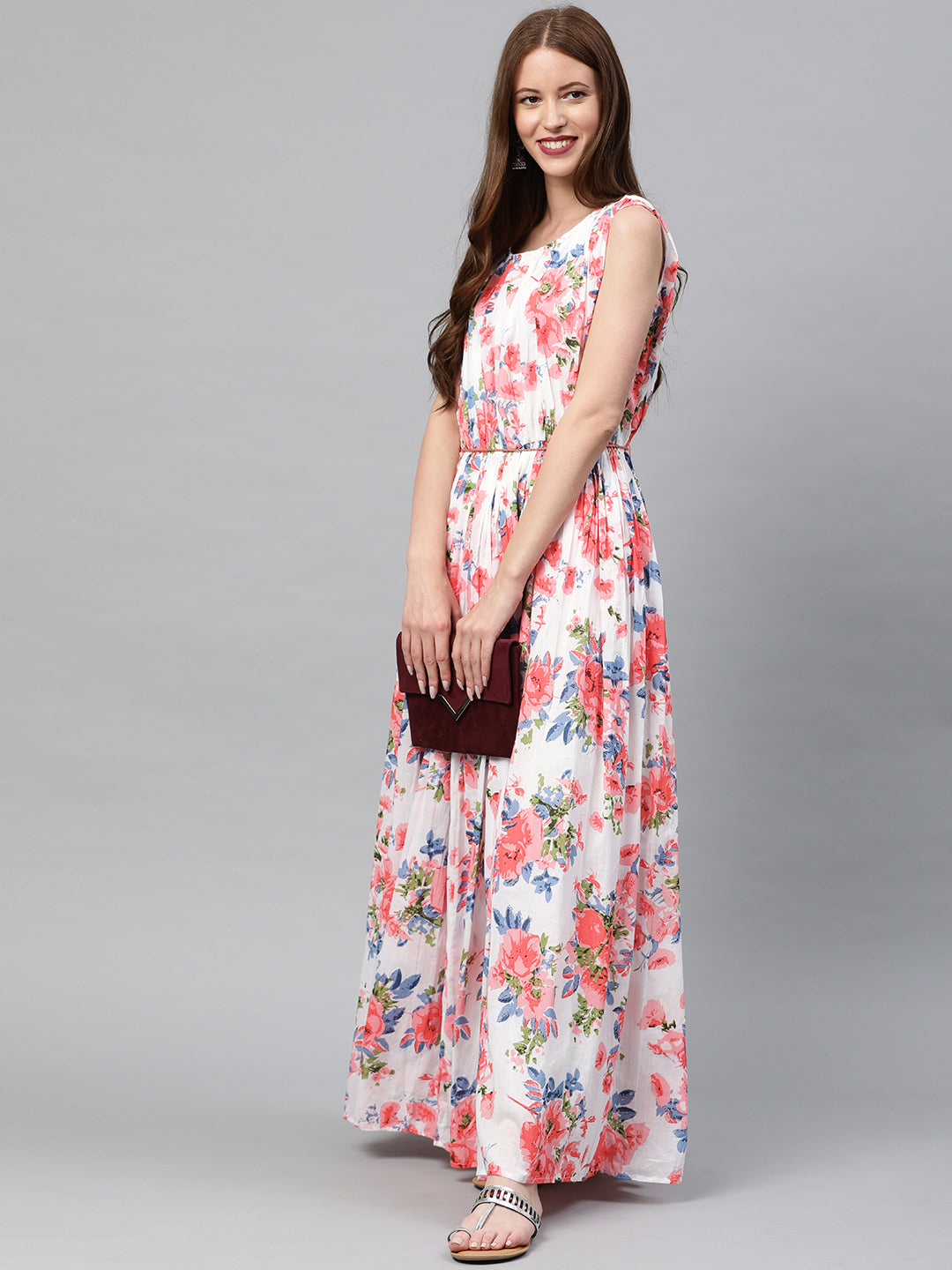 Neerus White cotton printed maxi dress - detail view 1