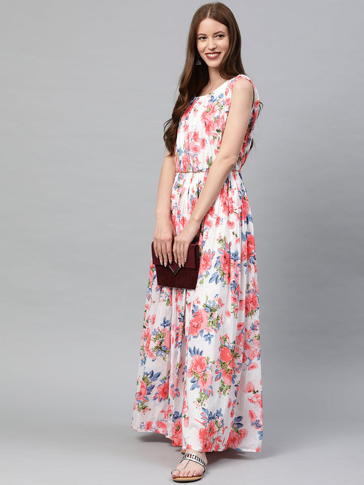Neerus White cotton printed maxi dress - detail view 1