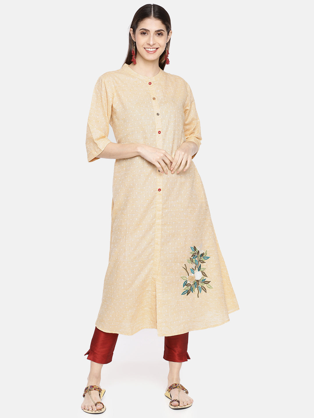 Neerus Beige cotton embroidered A-line kurta - front view