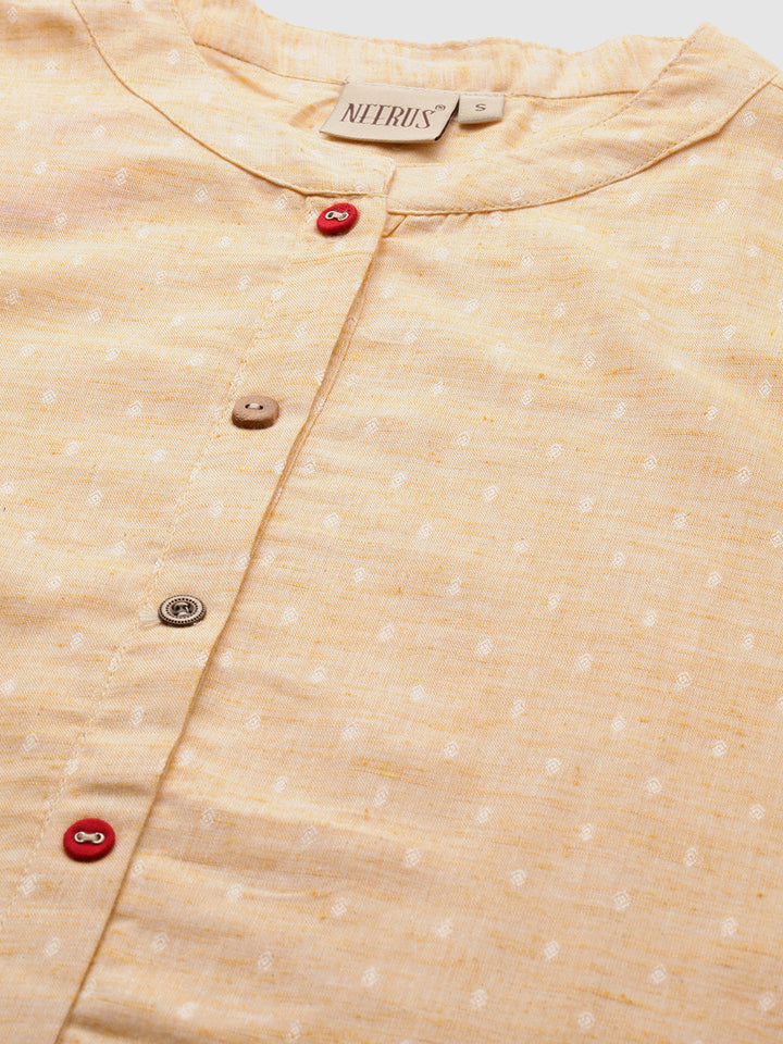 Neerus Beige cotton embroidered A-line kurta - back view