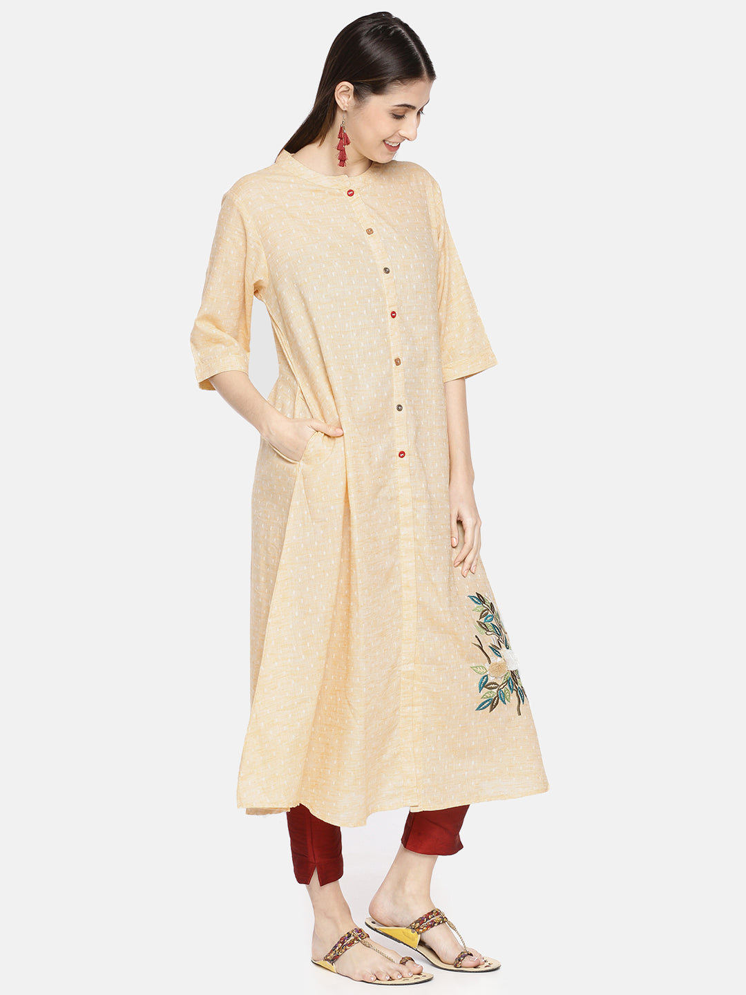 Neerus Beige cotton embroidered A-line kurta - detail view 1