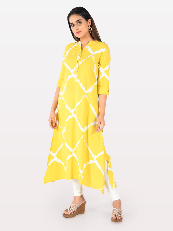 Neerus Yellow rayon printed kurti - detail view 3