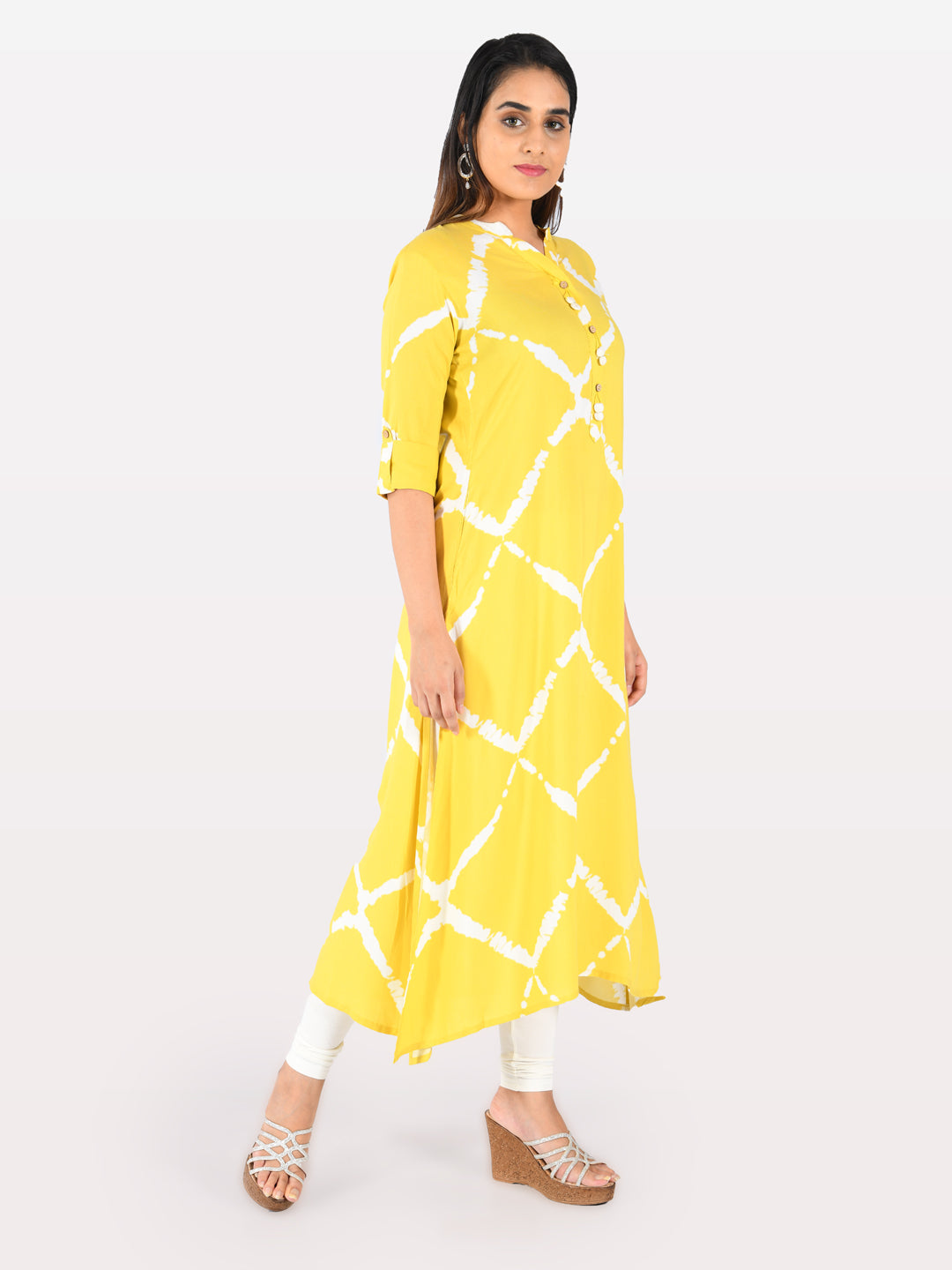 Neerus Yellow rayon printed kurti - side view