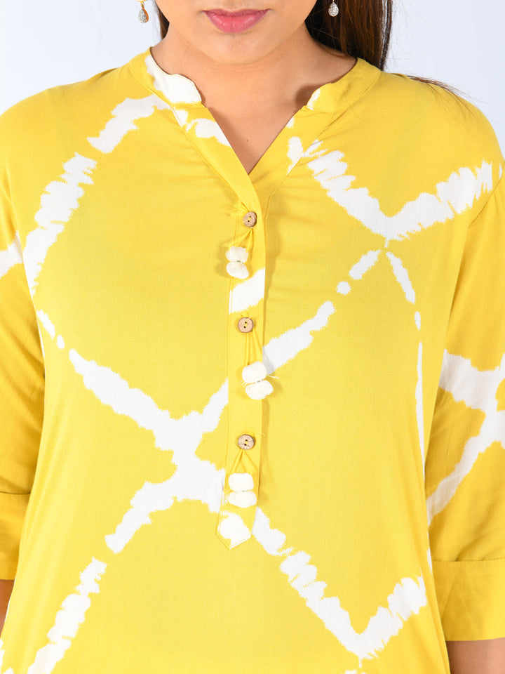 Neerus Yellow rayon printed kurti - detail view 1