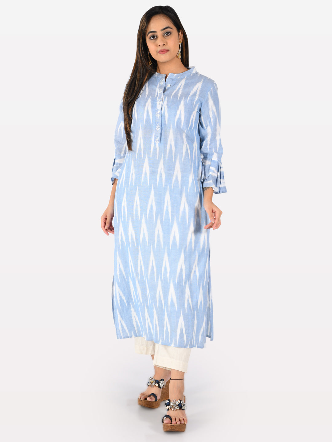 Neerus Blue printed A-Line kurta - front view