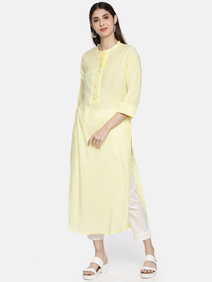 Neerus Yellow rayon solid A-line kurta - front view
