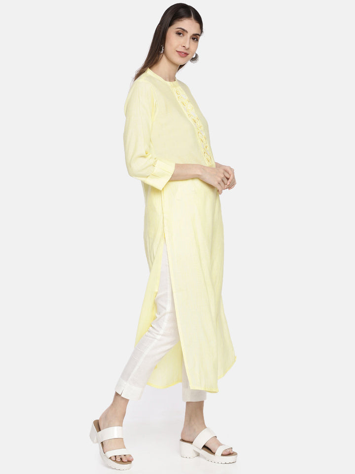 Neerus Yellow rayon solid A-line kurta - back view