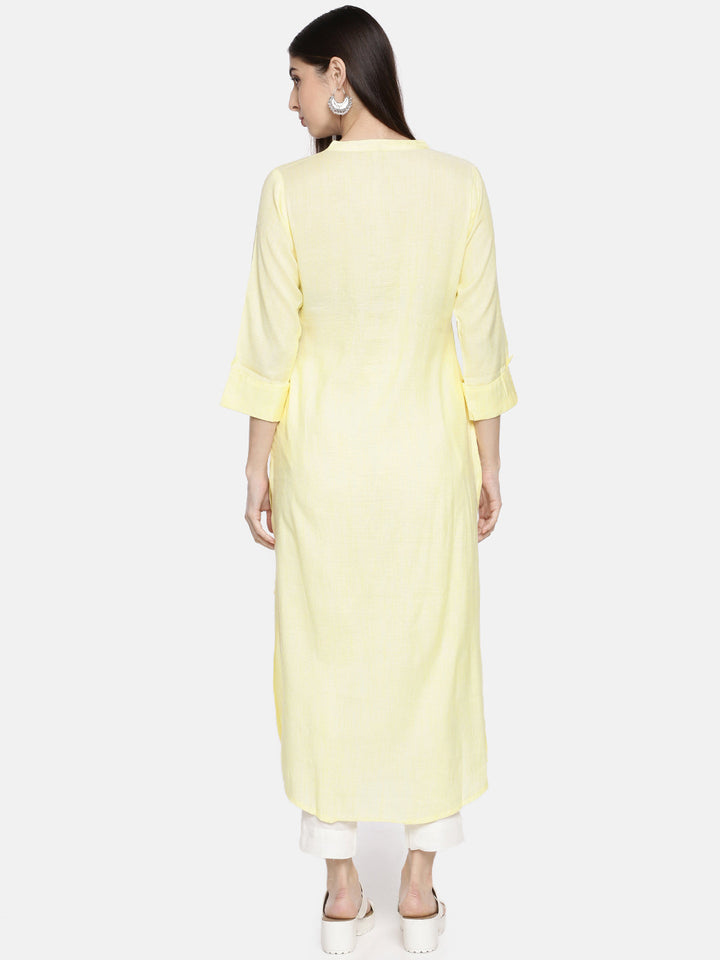 Neerus Yellow rayon solid A-line kurta - side view