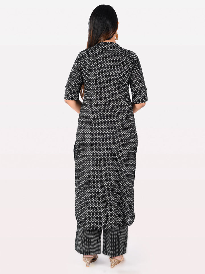 Neerus Black slub cotton printed kurta set - detail view 2