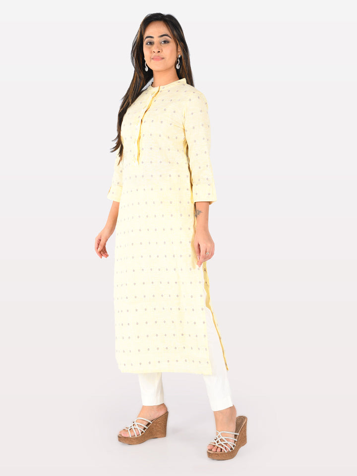 Neerus Yellow cotton embroidered straight kurta - detail view 2