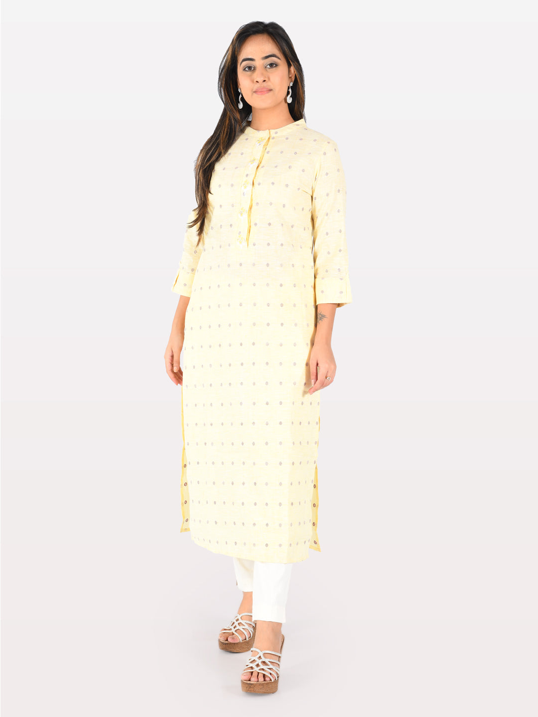 Neerus Yellow cotton embroidered straight kurta - front view