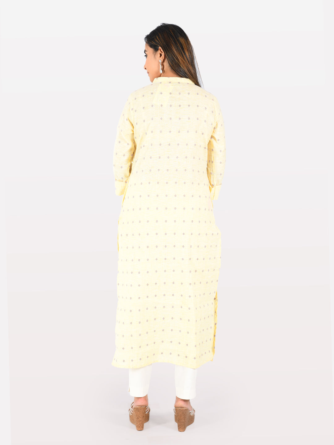 Neerus Yellow cotton embroidered straight kurta - back view