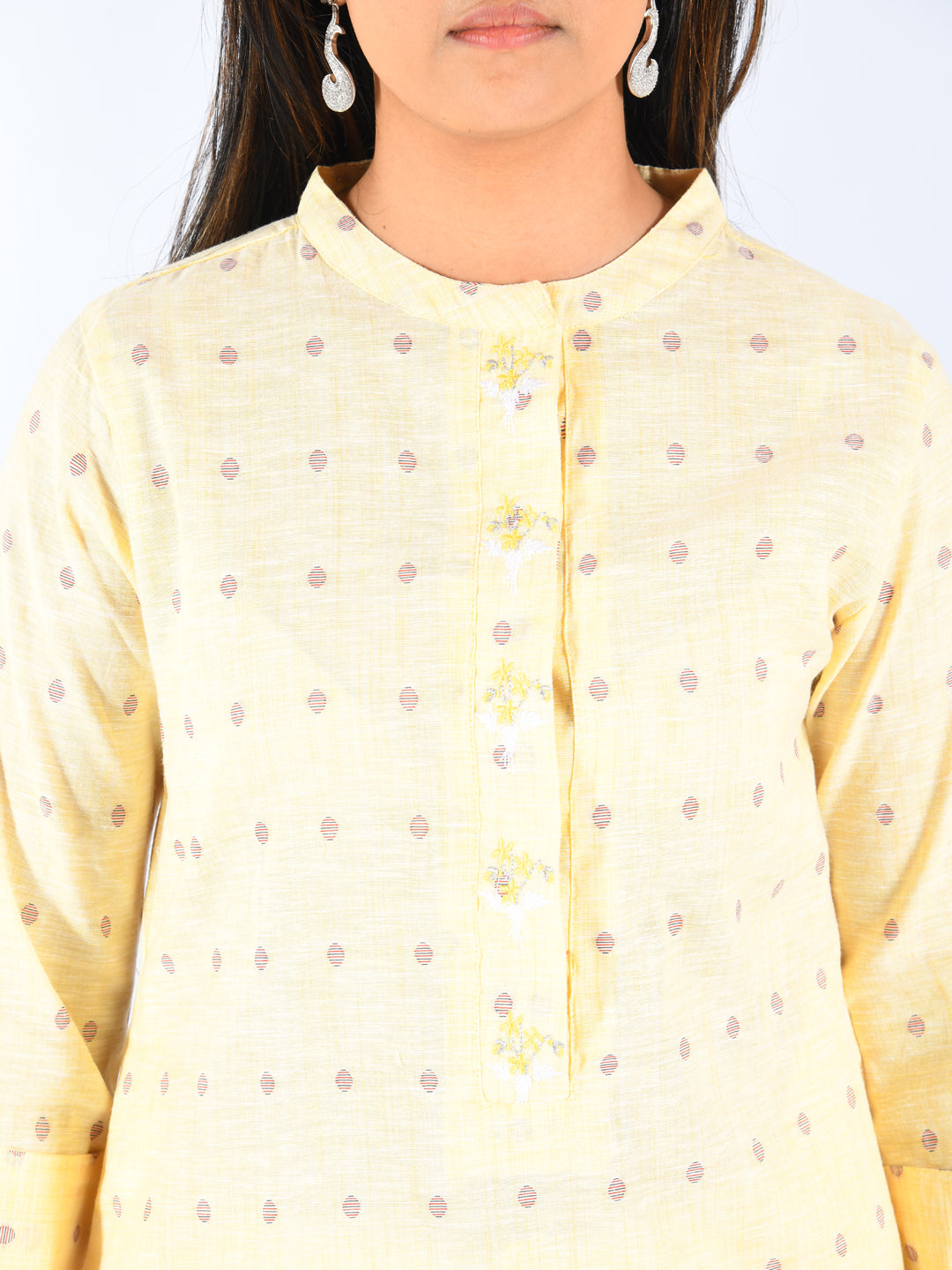 Neerus Yellow cotton embroidered straight kurta - side view
