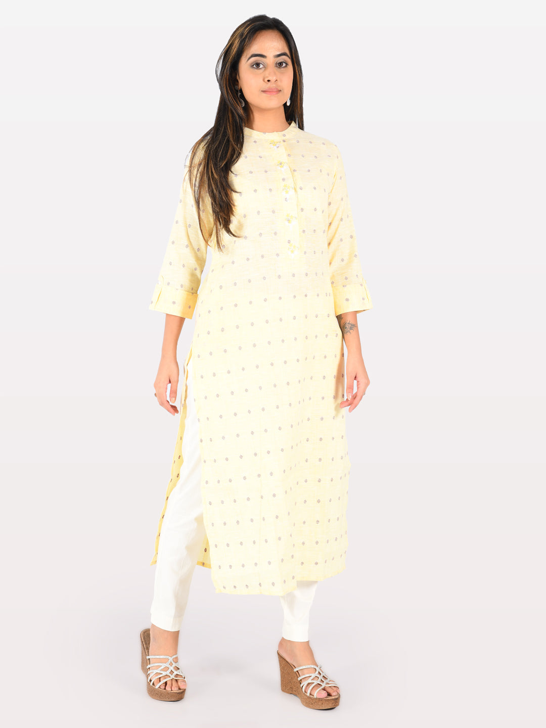 Neerus Yellow cotton embroidered straight kurta - detail view 1