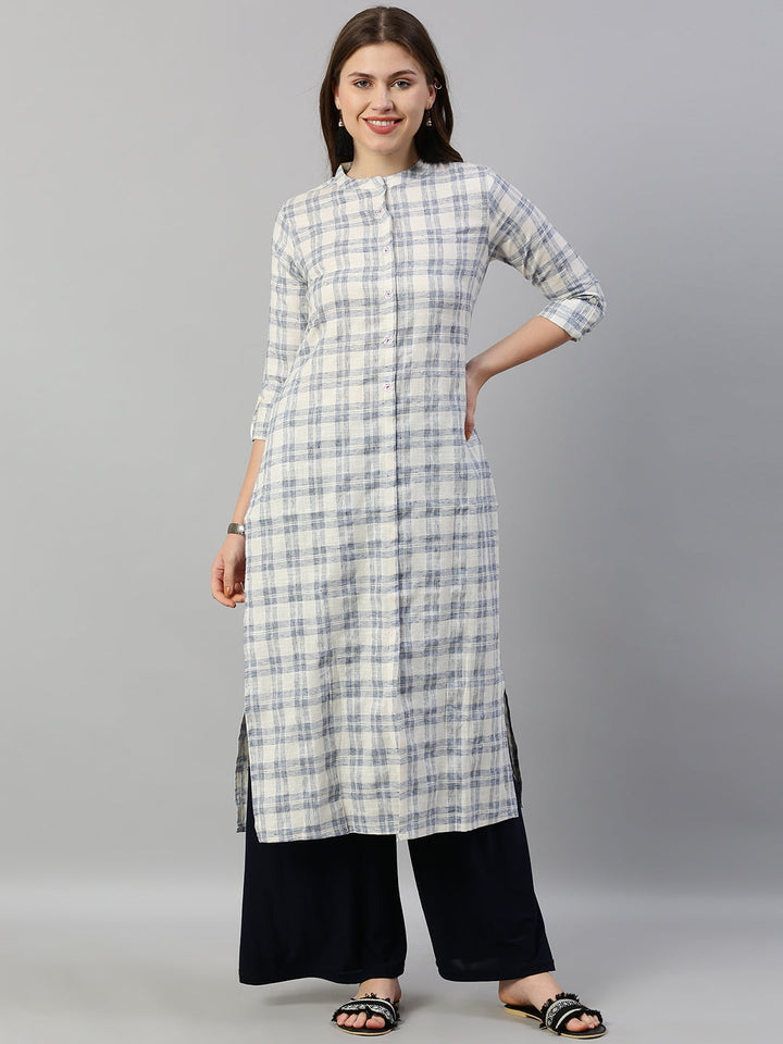 Neerus White cotton checked printed kurti - front view