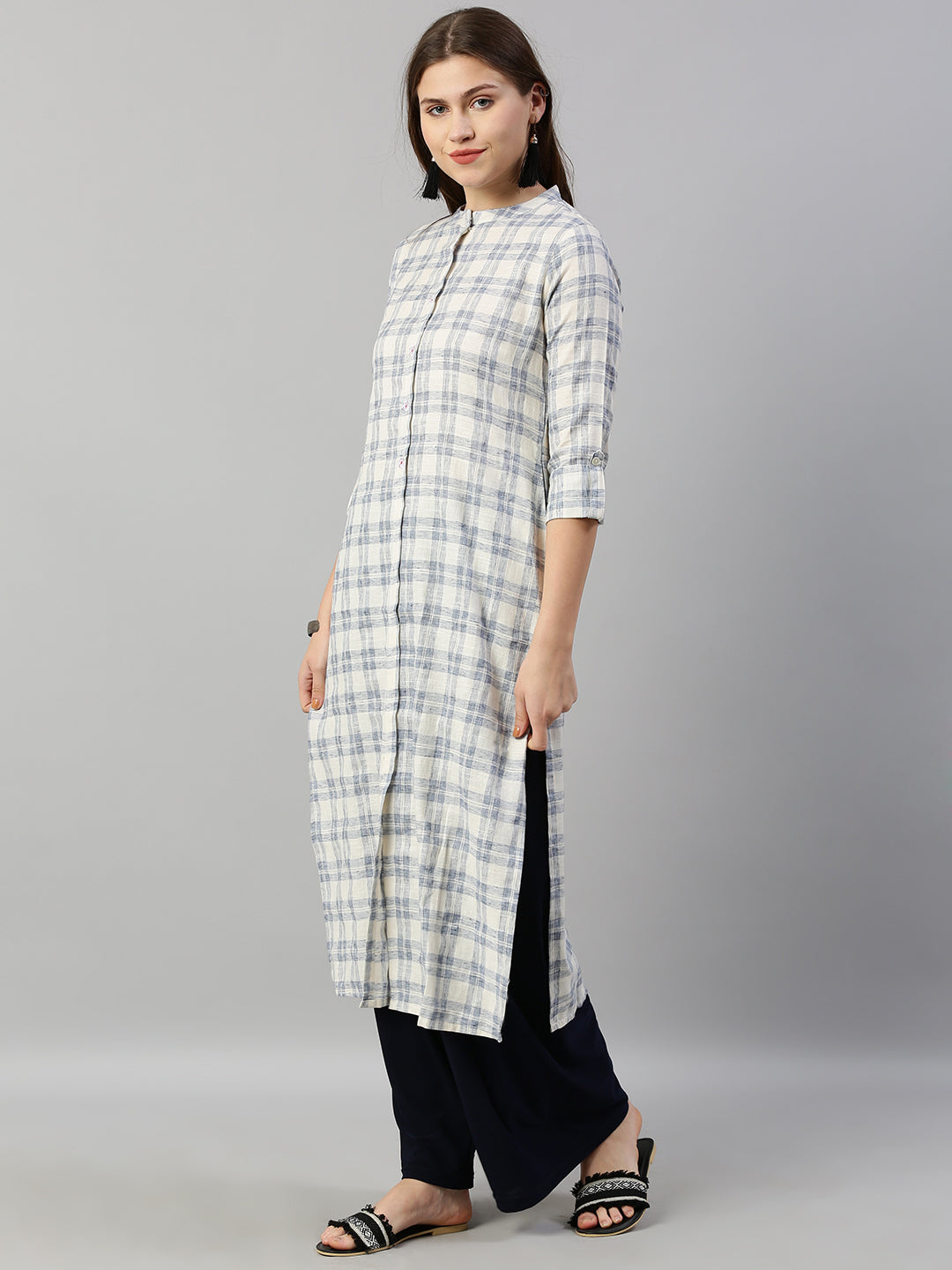 Neerus White cotton checked printed kurti - detail view 1