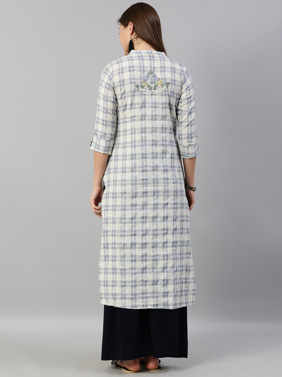 Neerus White cotton checked printed kurti - detail view 2
