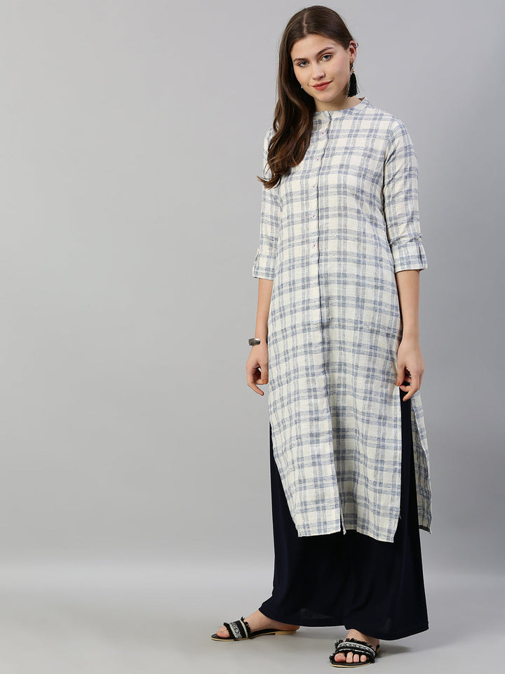 Neerus White cotton checked printed kurti - detail view 3
