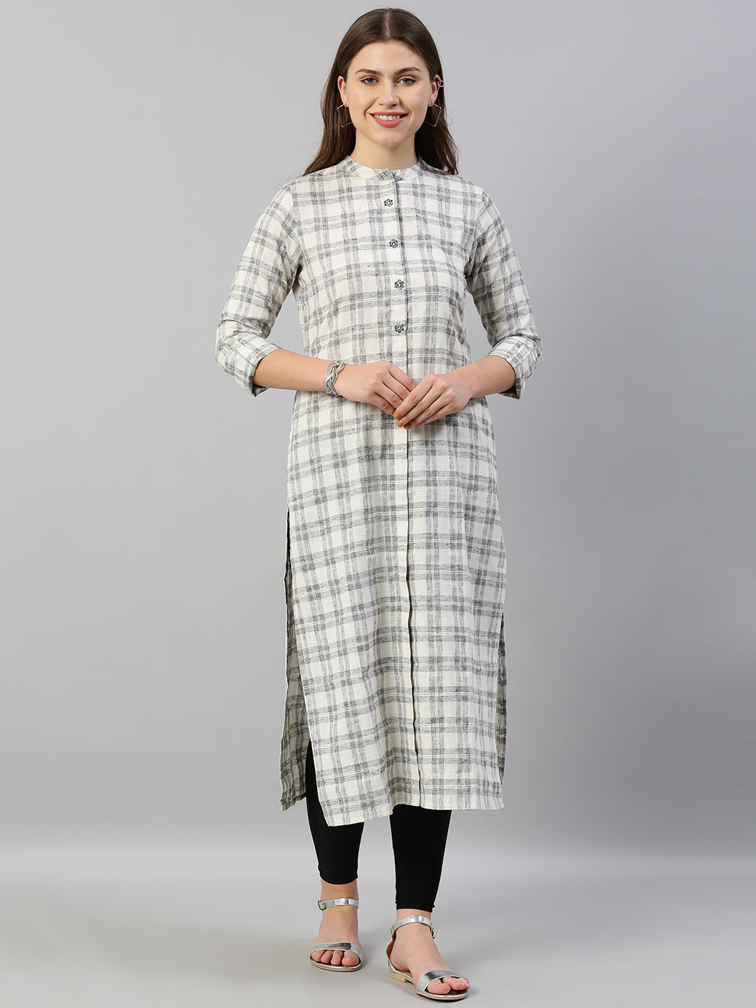 Neerus White checked embroidered straight kurti - front view