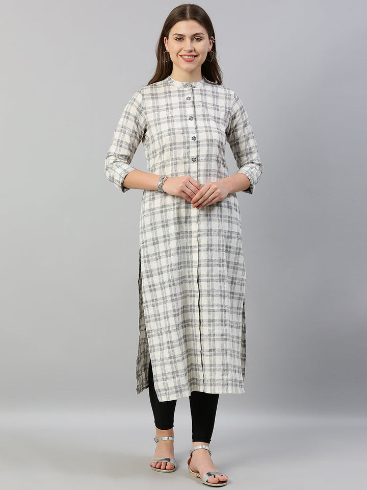 Neerus White checked embroidered straight kurti - front view