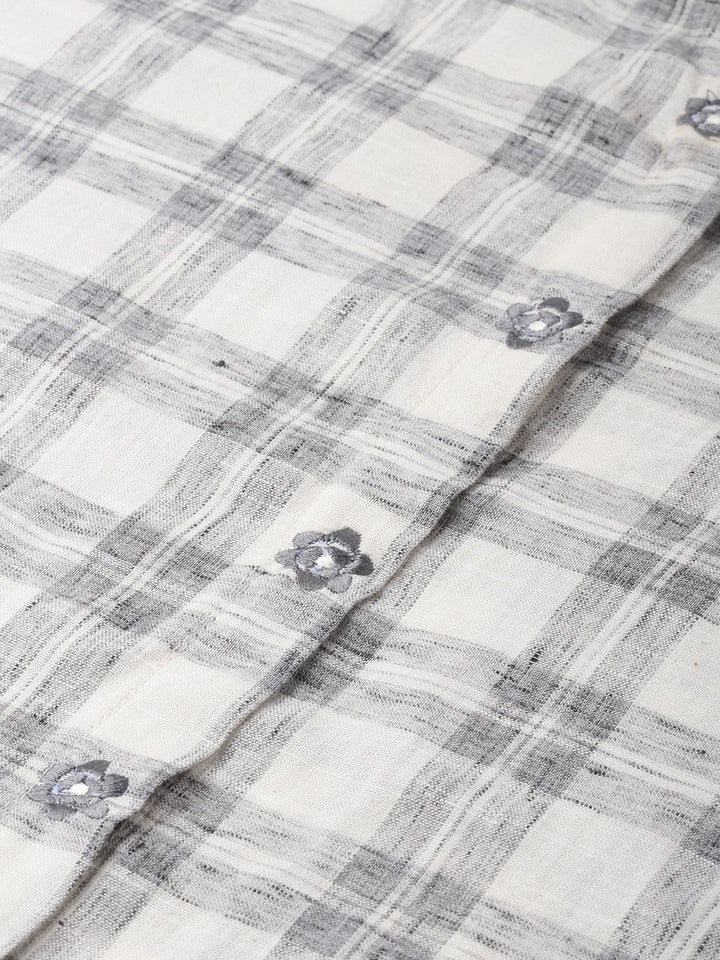 Neerus White checked embroidered straight kurti - side view