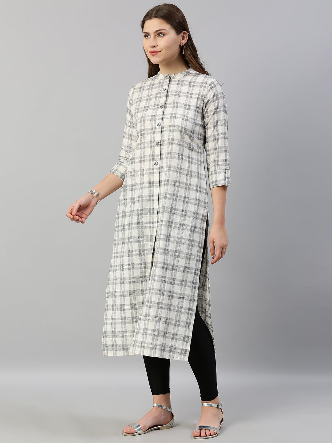 Neerus White checked embroidered straight kurti - detail view 2