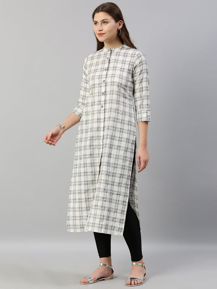 Neerus White checked embroidered straight kurti - detail view 2