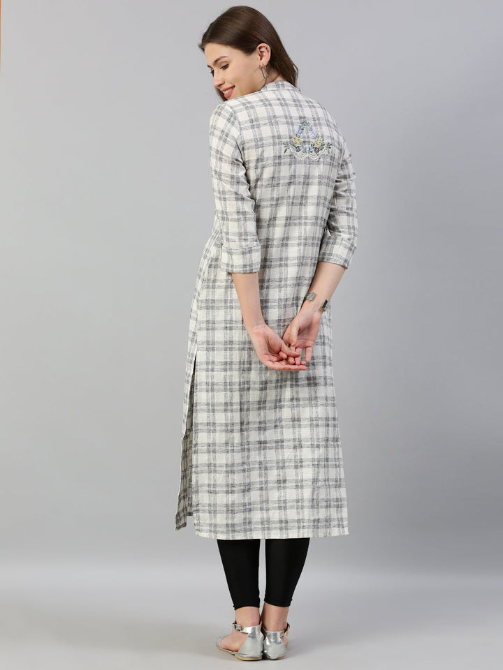 Neerus White checked embroidered straight kurti - detail view 3