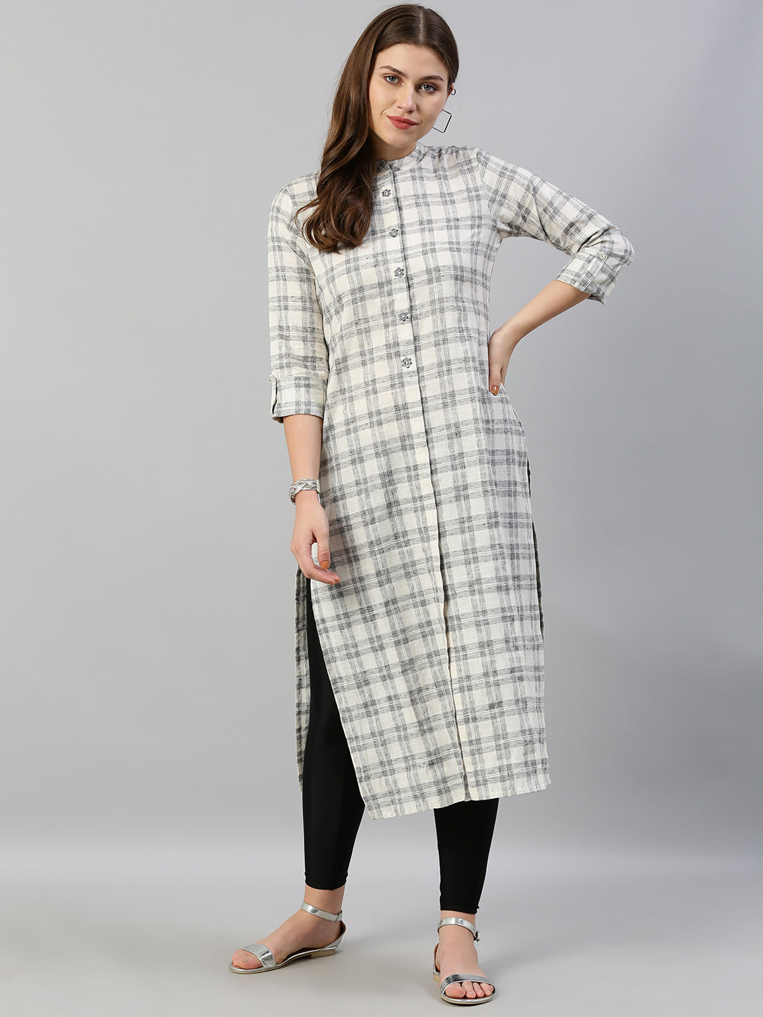 Neerus White checked embroidered straight kurti - detail view 4
