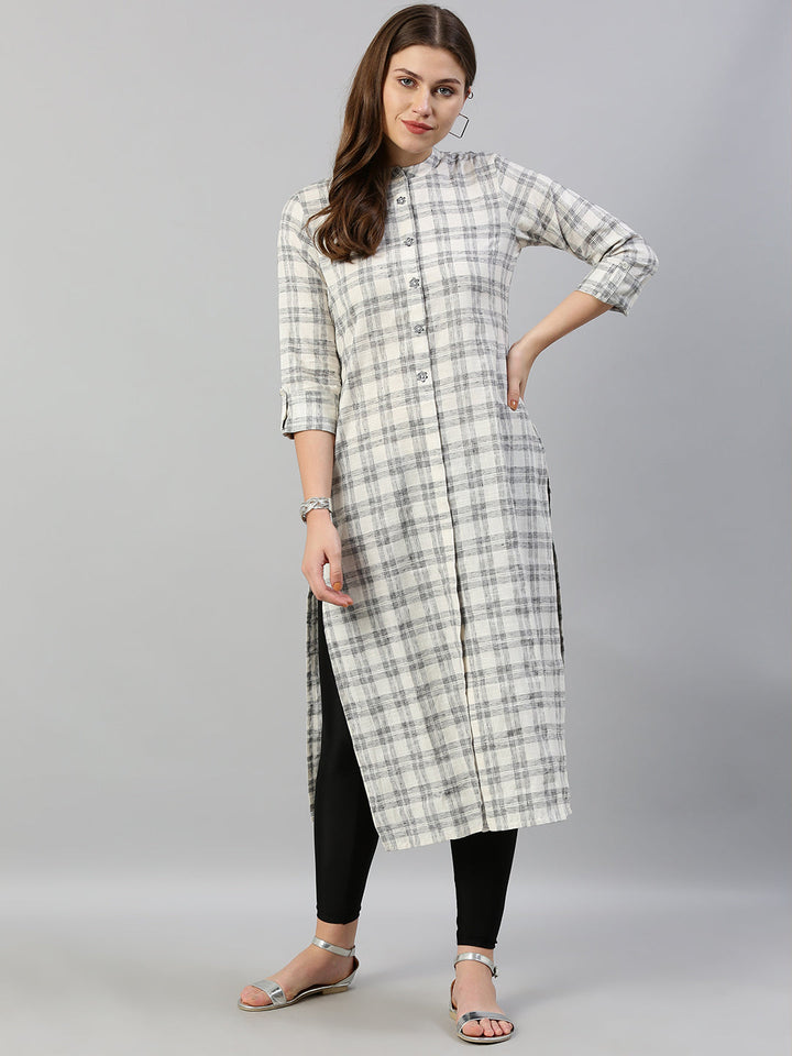 Neerus White checked embroidered straight kurti - detail view 4