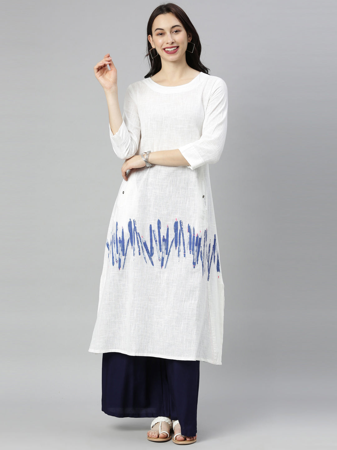 Neerus White printed A-line kurta - front view