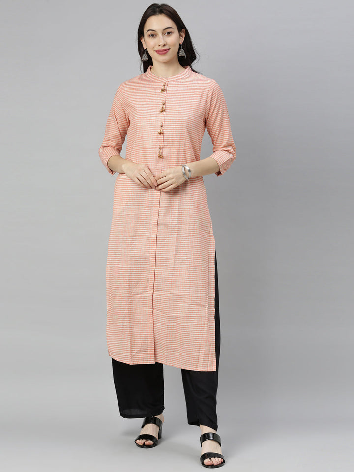 Neerus Orange cotton woven checked kurti - front view
