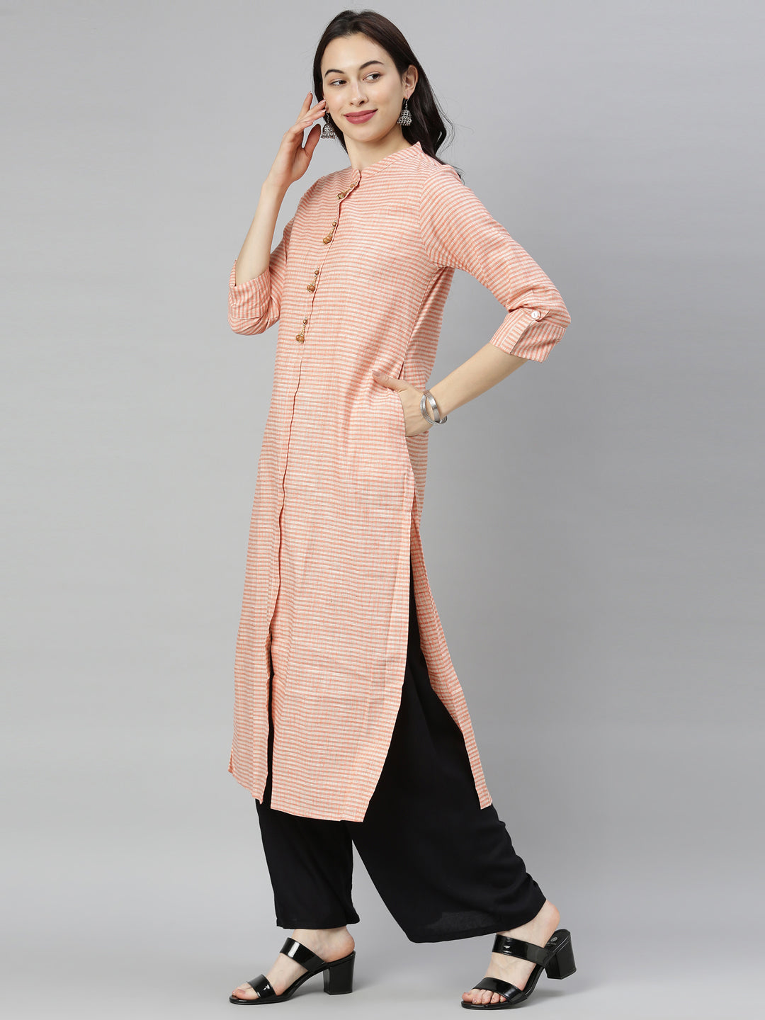 Neerus Orange cotton woven checked kurti - detail view 2