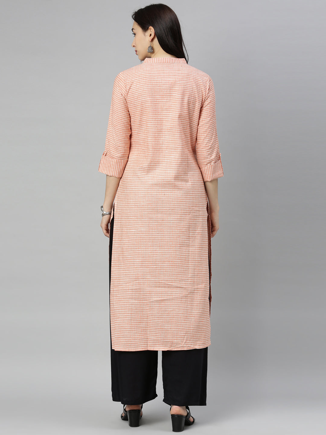 Neerus Orange cotton woven checked kurti - detail view 4
