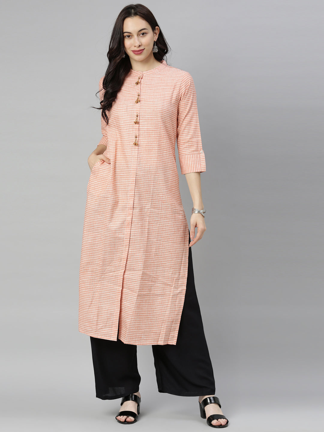 Neerus Orange cotton woven checked kurti - detail view 5