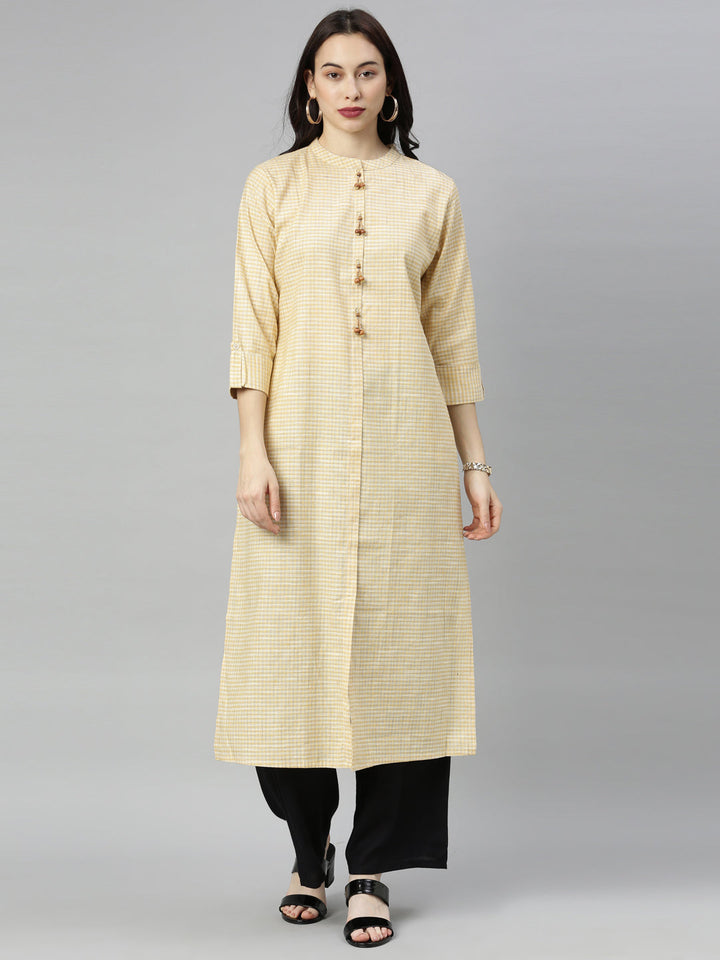 Neerus Yellow cotton checked A-line kurti - front view