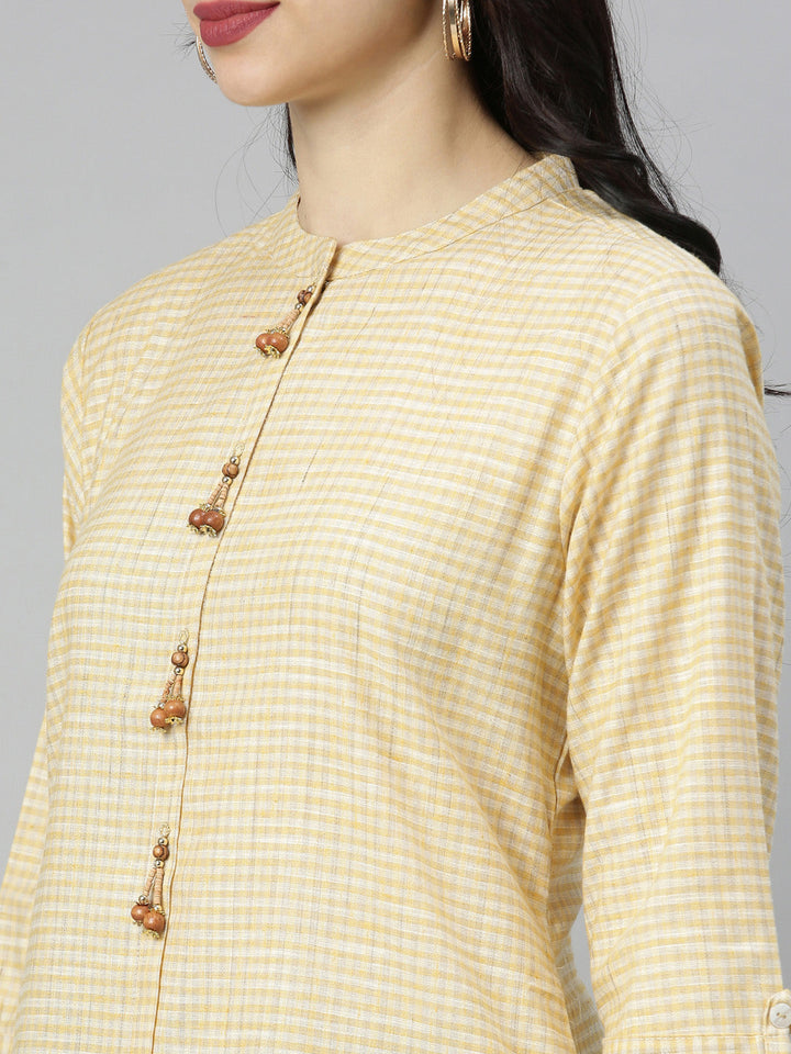 Neerus Yellow cotton checked A-line kurti - detail view 3
