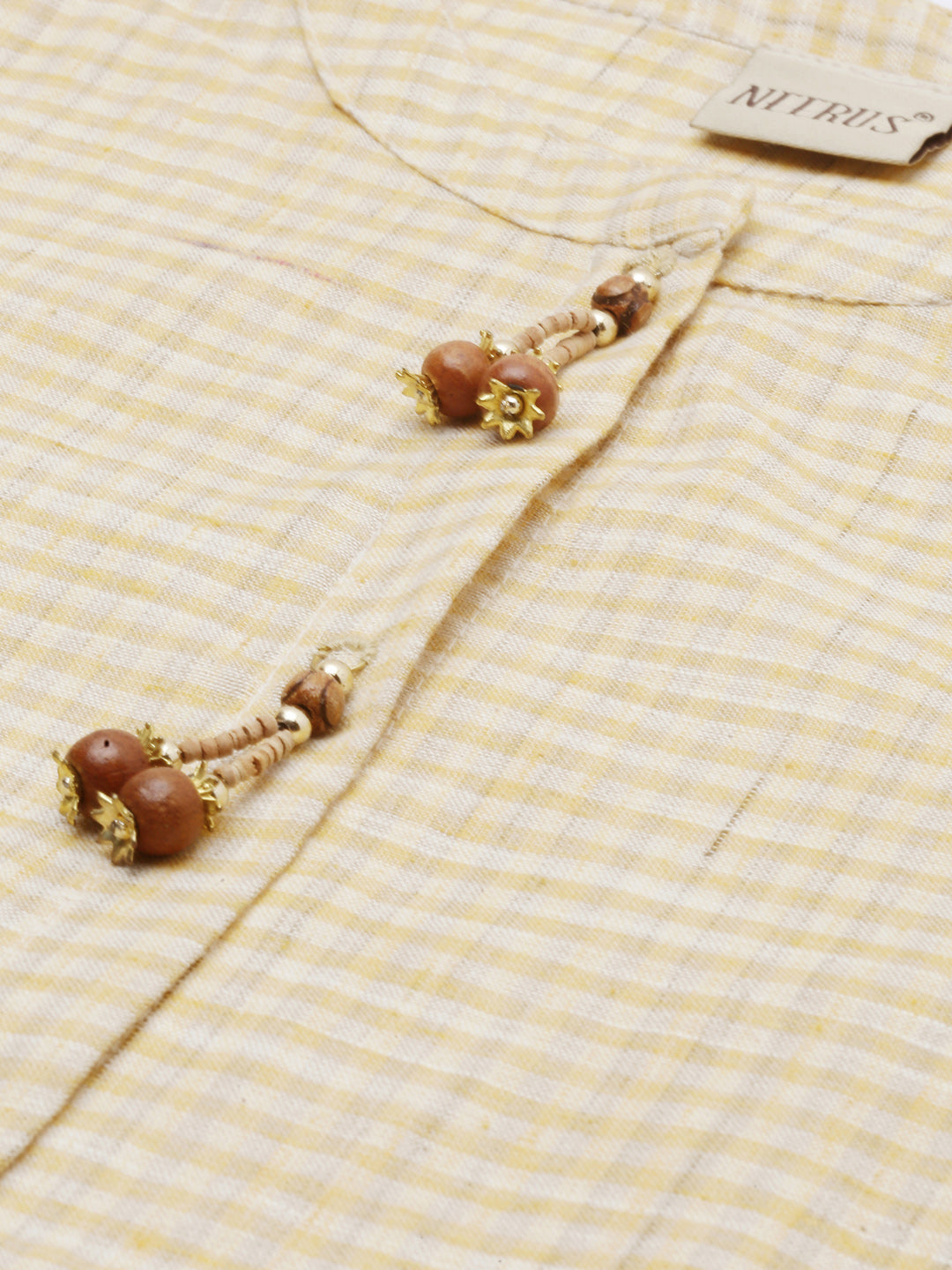 Neerus Yellow cotton checked A-line kurti - detail view 5