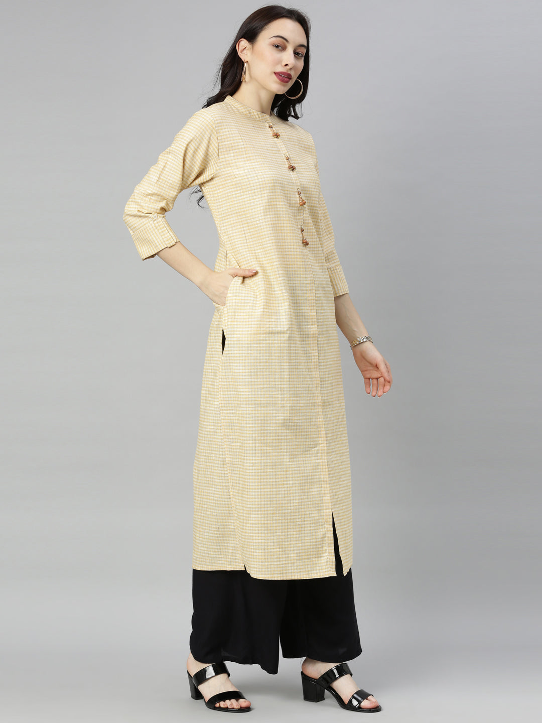 Neerus Yellow cotton checked A-line kurti - side view