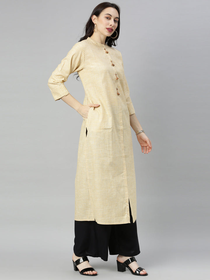 Neerus Yellow cotton checked A-line kurti - side view