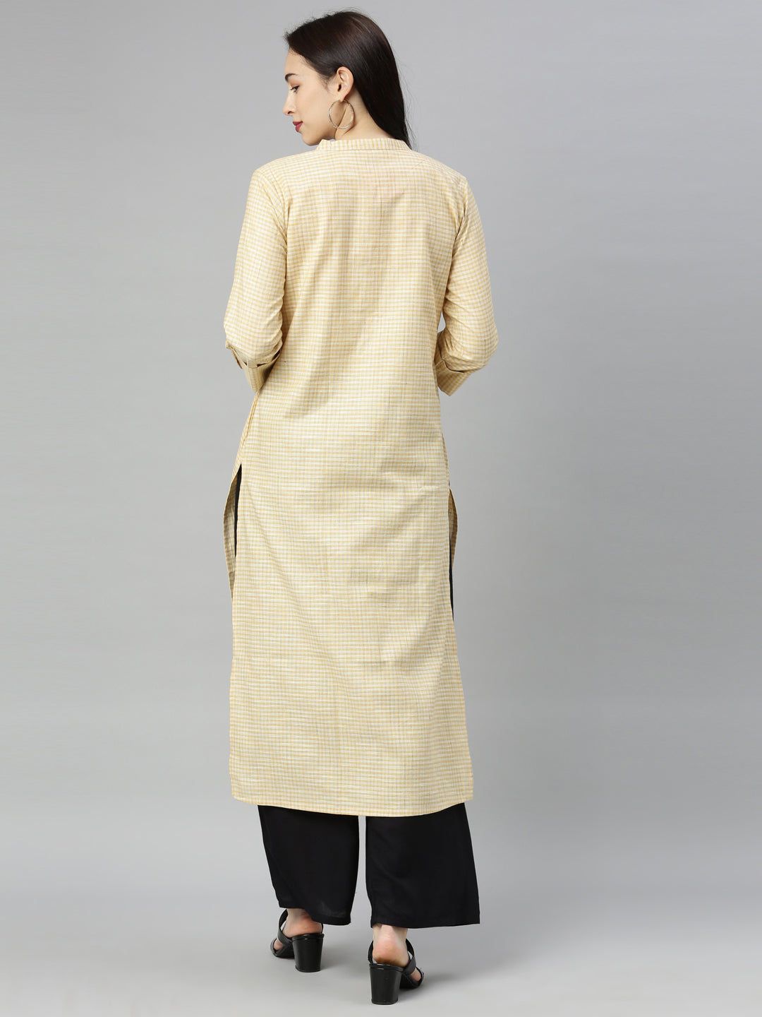 Neerus Yellow cotton checked A-line kurti - detail view 1