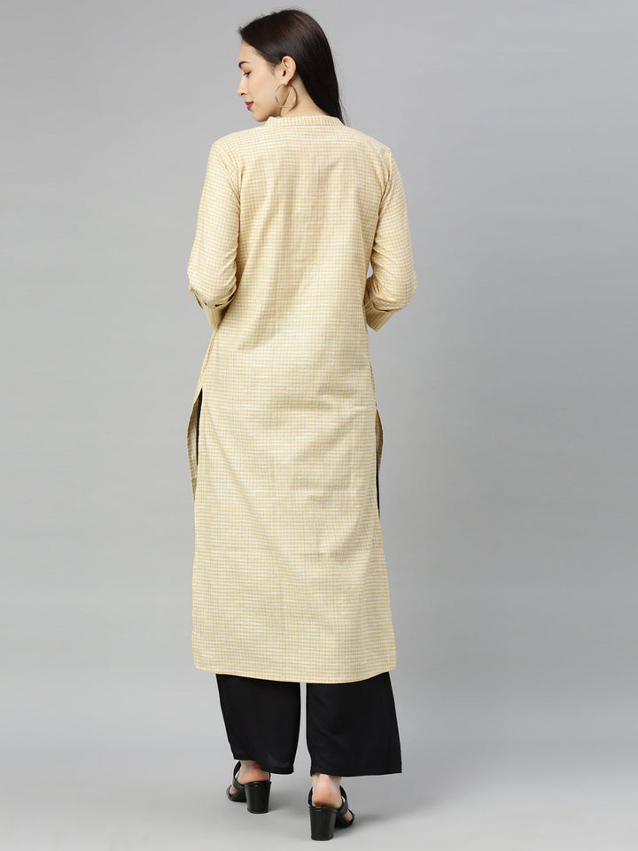 Neerus Yellow cotton checked A-line kurti - detail view 1