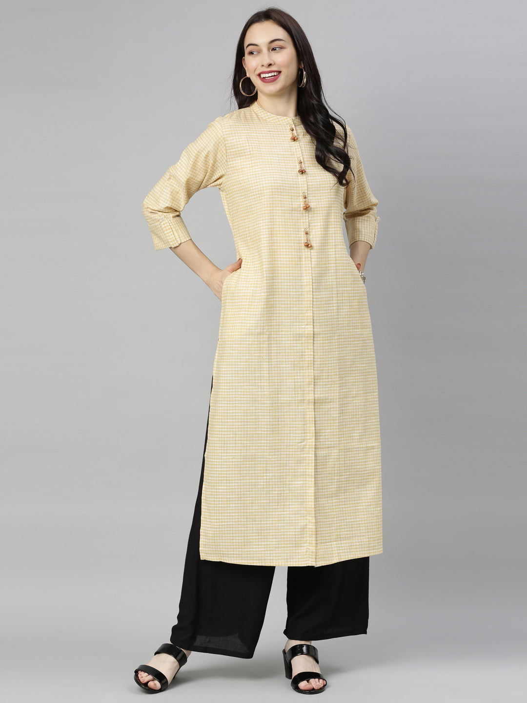 Neerus Yellow cotton checked A-line kurti - detail view 2
